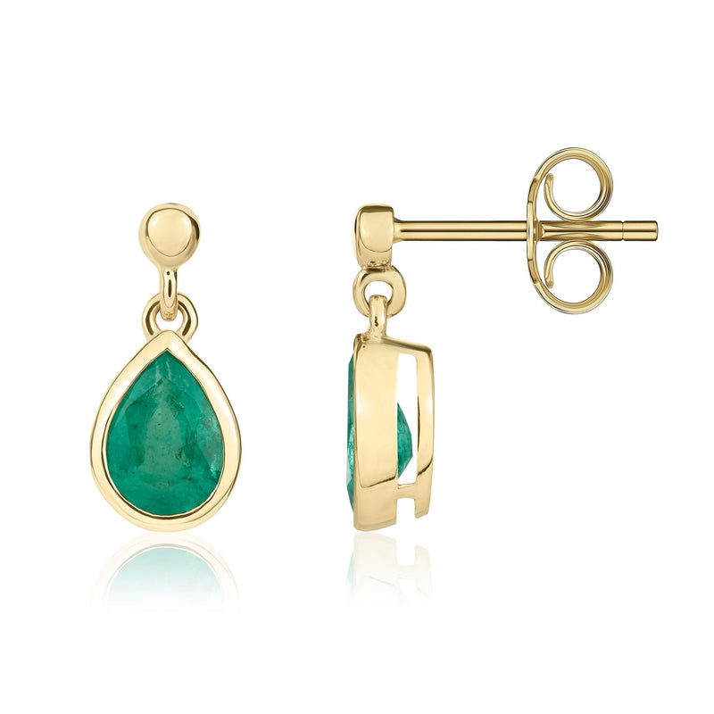 9ct Yellow Gold Pear Shaped Natural Emerald Rubover Drop Earrings — 7x5mm