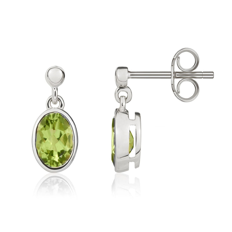 9ct White Gold Oval Natural Peridot Rubover Drop Earrings — 7x5mm