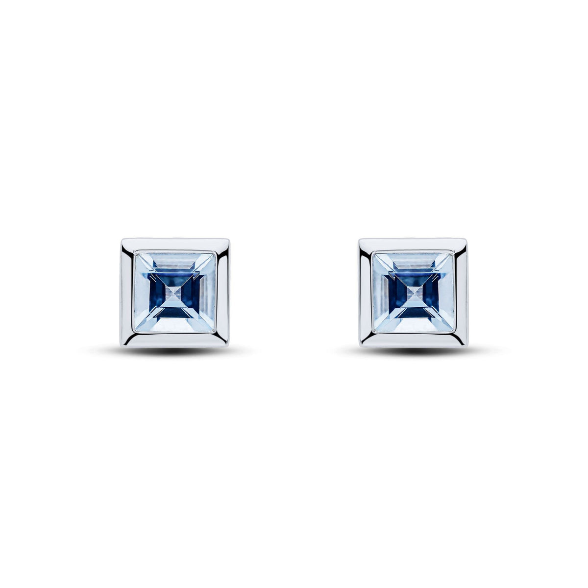 9ct White Gold Square Natural Aquamarine Rubover Stud Earrings — 5mm