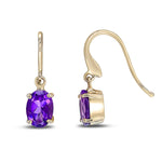 9ct Yellow Gold Oval Natural Amethyst Claw Hook Wire Drop Earrings — 7x5mm