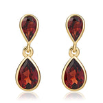 9ct Yellow Gold Pear Shaped Natural Garnet Two Stone Rubover Drop Earrings