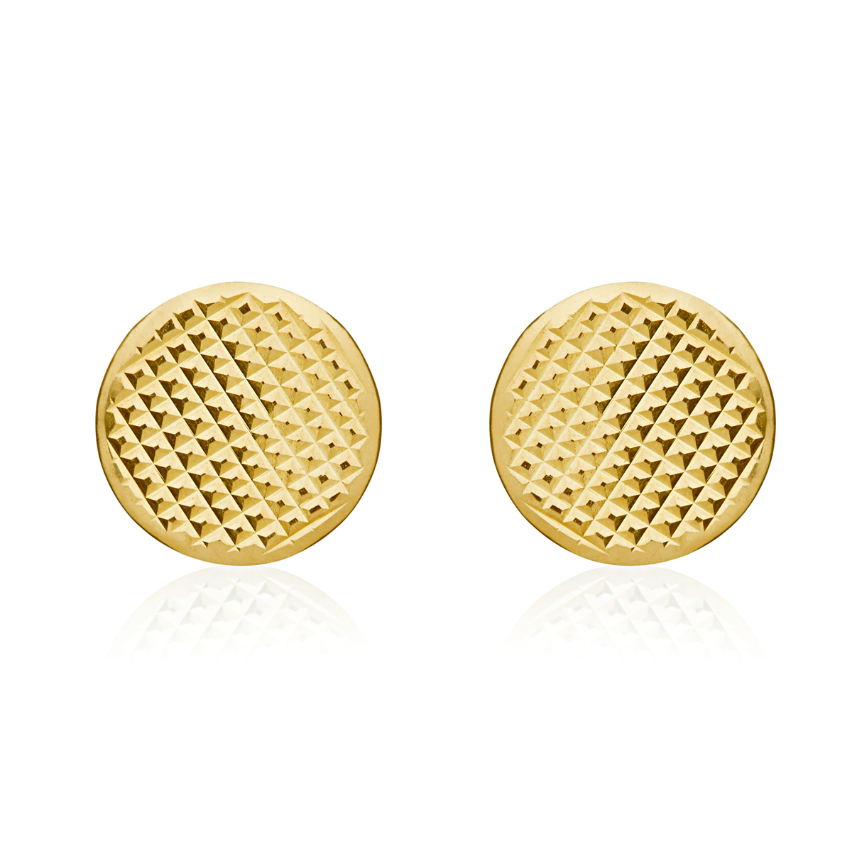 9ct Gold Engine Turned Flat Disc Stud Earrings — 10.5mm