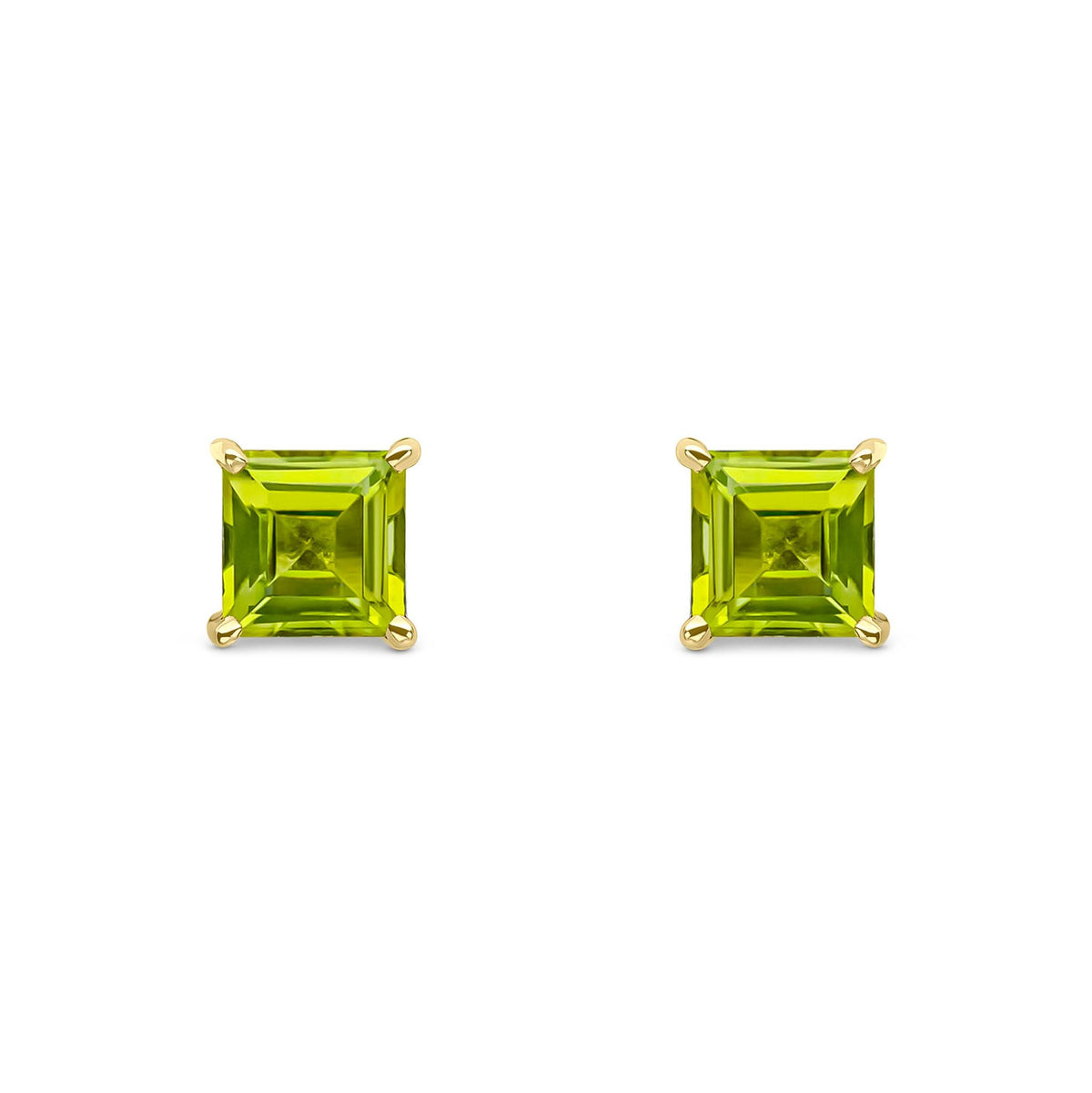 9ct Yellow Gold Square Natural Peridot Claw Stud Earrings — 5mm