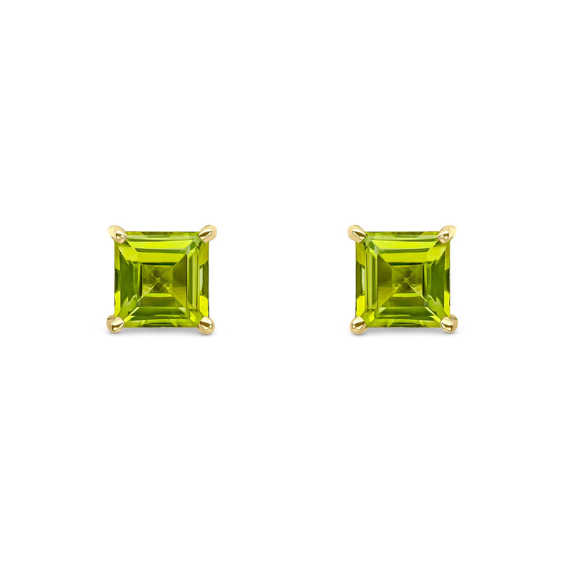 9ct Yellow Gold Square Natural Peridot Claw Stud Earrings — 5mm