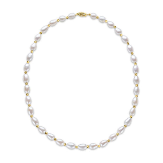 9ct Yellow Gold Bead and White Oval Natural Pearl Necklace