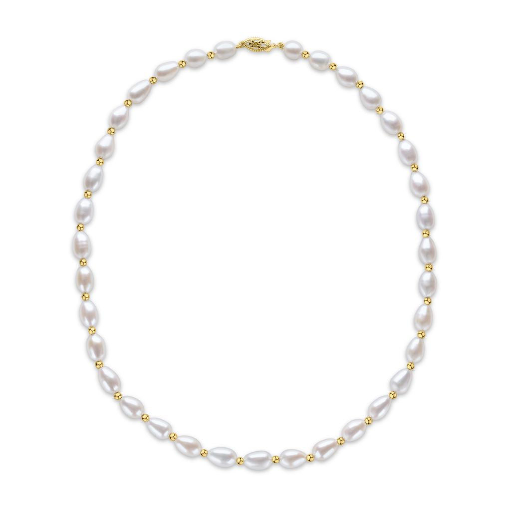 9ct Yellow Gold Bead and White Oval Pearl Necklace