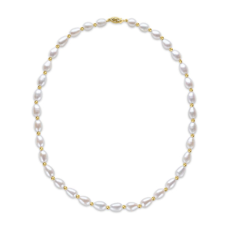 9ct Yellow Gold Bead and White Oval Pearl Necklace