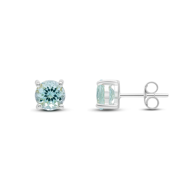 9ct White Gold Round Natural Aquamarine Claw Set Stud Earrings — 6mm