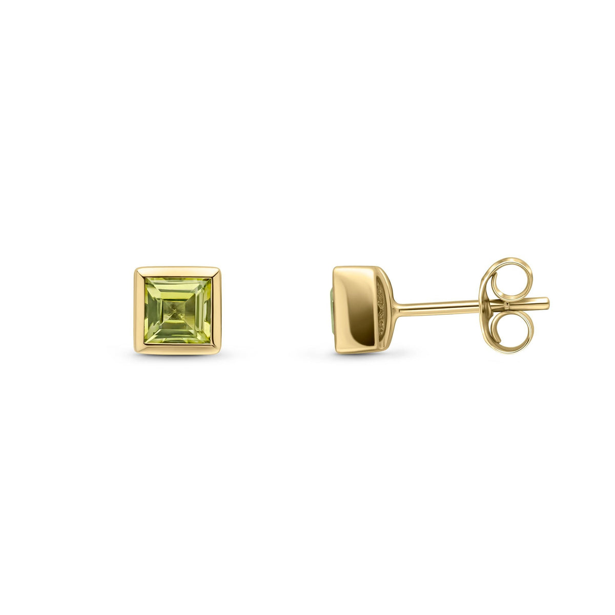 9ct Yellow Gold Square Natural Peridot Rubover Stud Earrings — 3mm