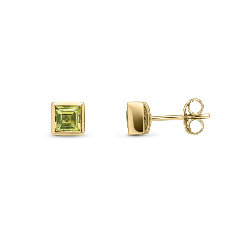 9ct Yellow Gold Square Natural Peridot Rubover Stud Earrings — 3mm