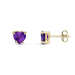 9ct Yellow Gold Heart Natural Amethyst Claw Stud Earrings