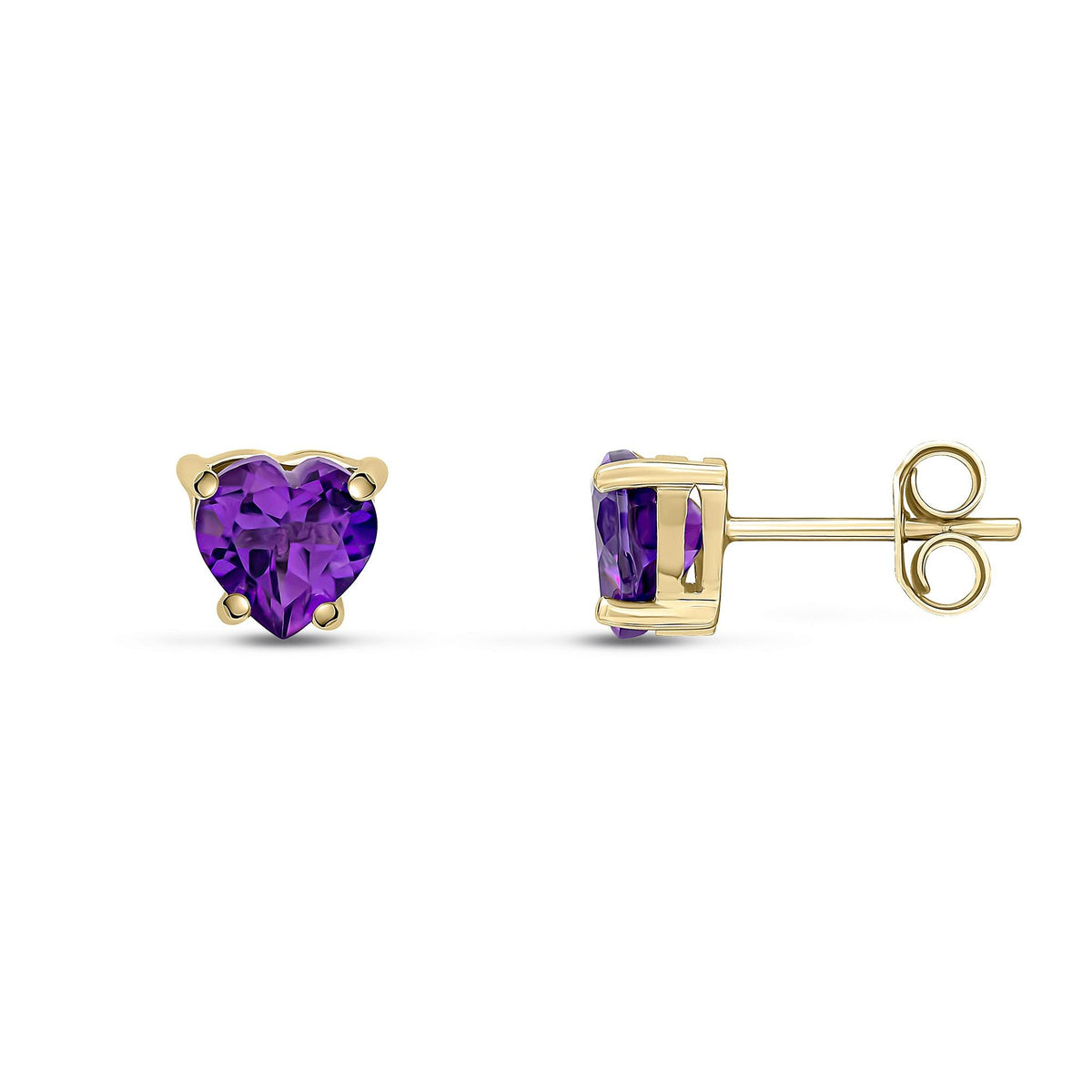 9ct Yellow Gold Heart Natural Amethyst Claw Stud Earrings