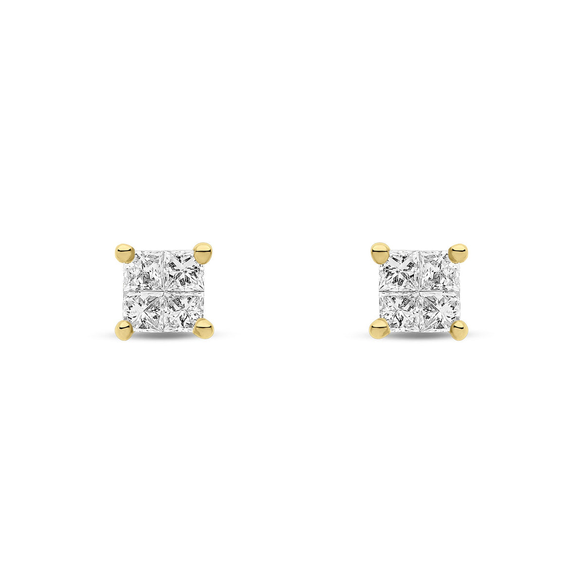9ct Yellow Gold Natural Diamond Princess Cut Stud Earrings