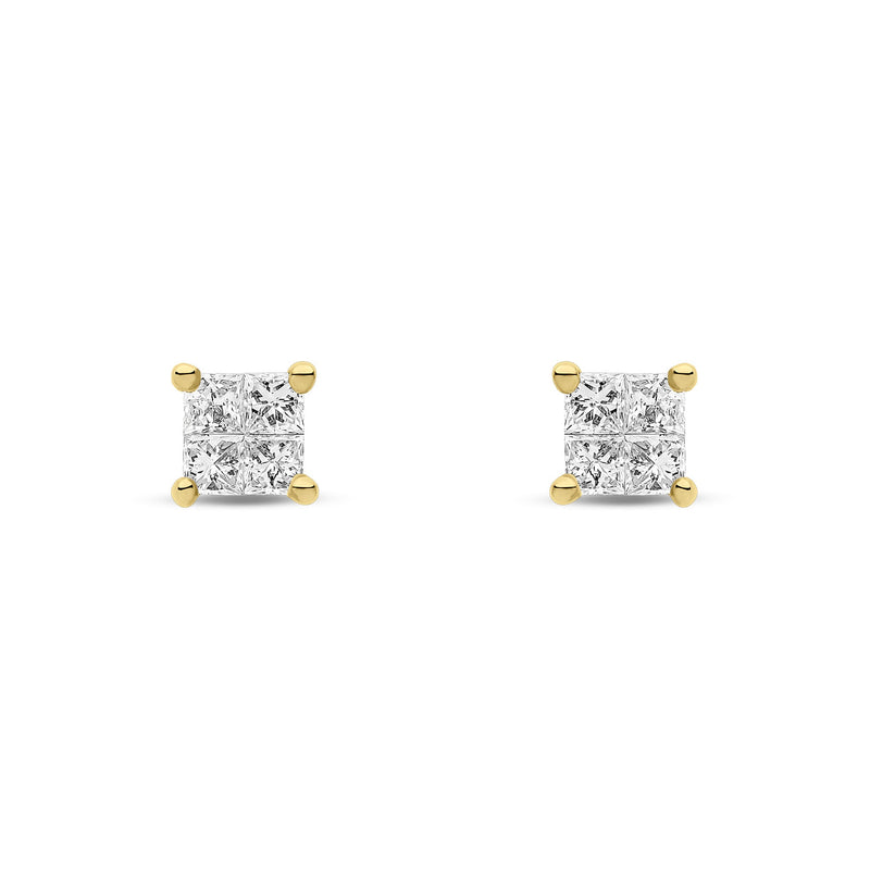 9ct Yellow Gold Natural Diamond Princess Cut Stud Earrings