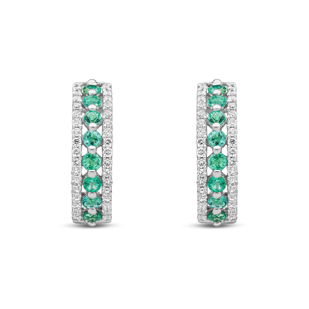 9ct White Gold Round Natural Emerald & Diamond Huggie Earrings