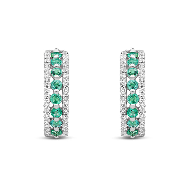 9ct White Gold Round Natural Emerald & Diamond Huggie Earrings