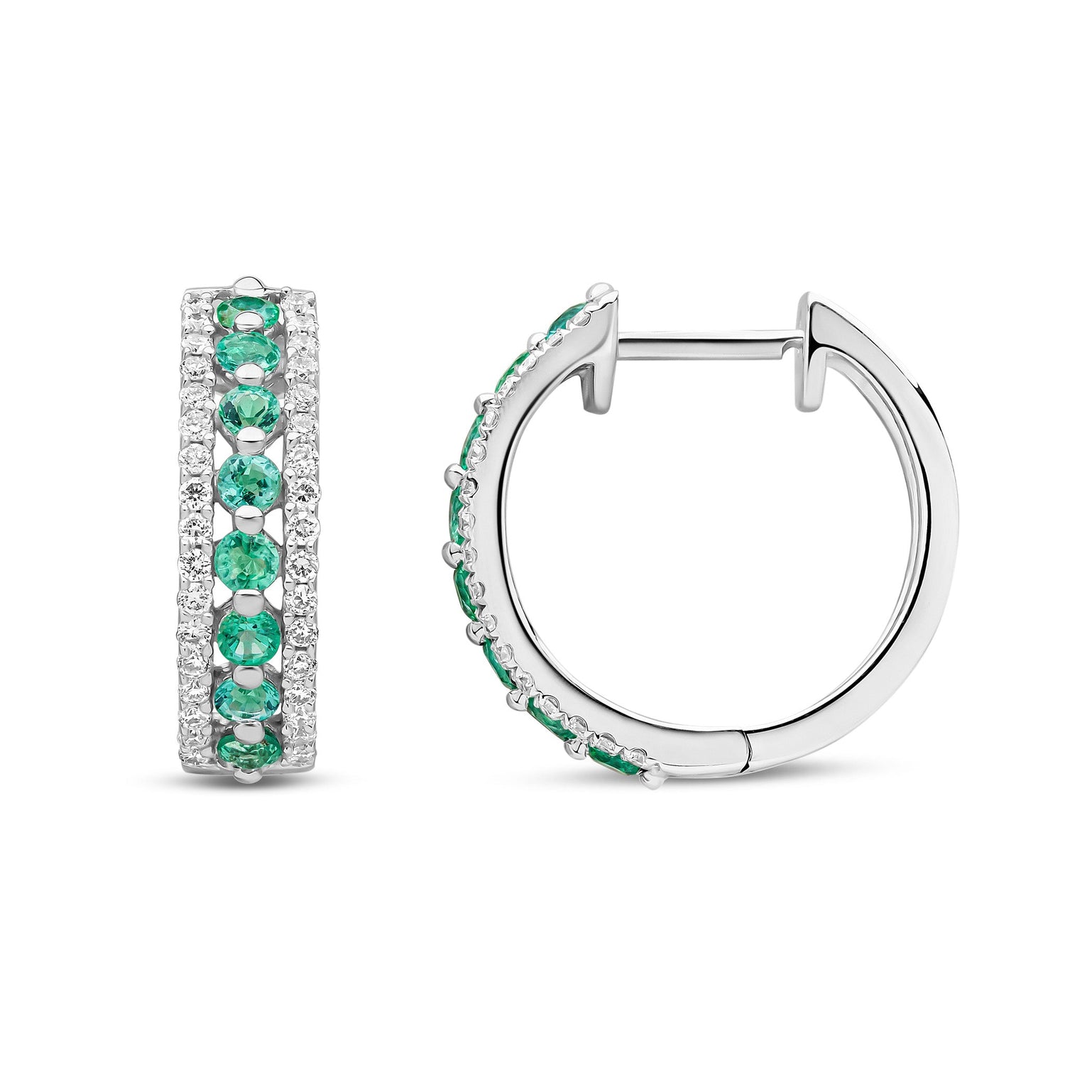 9ct White Gold Natural Emerald & Diamond Huggie Earrings