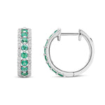 9ct White Gold Round Natural Emerald & Diamond Huggie Earrings