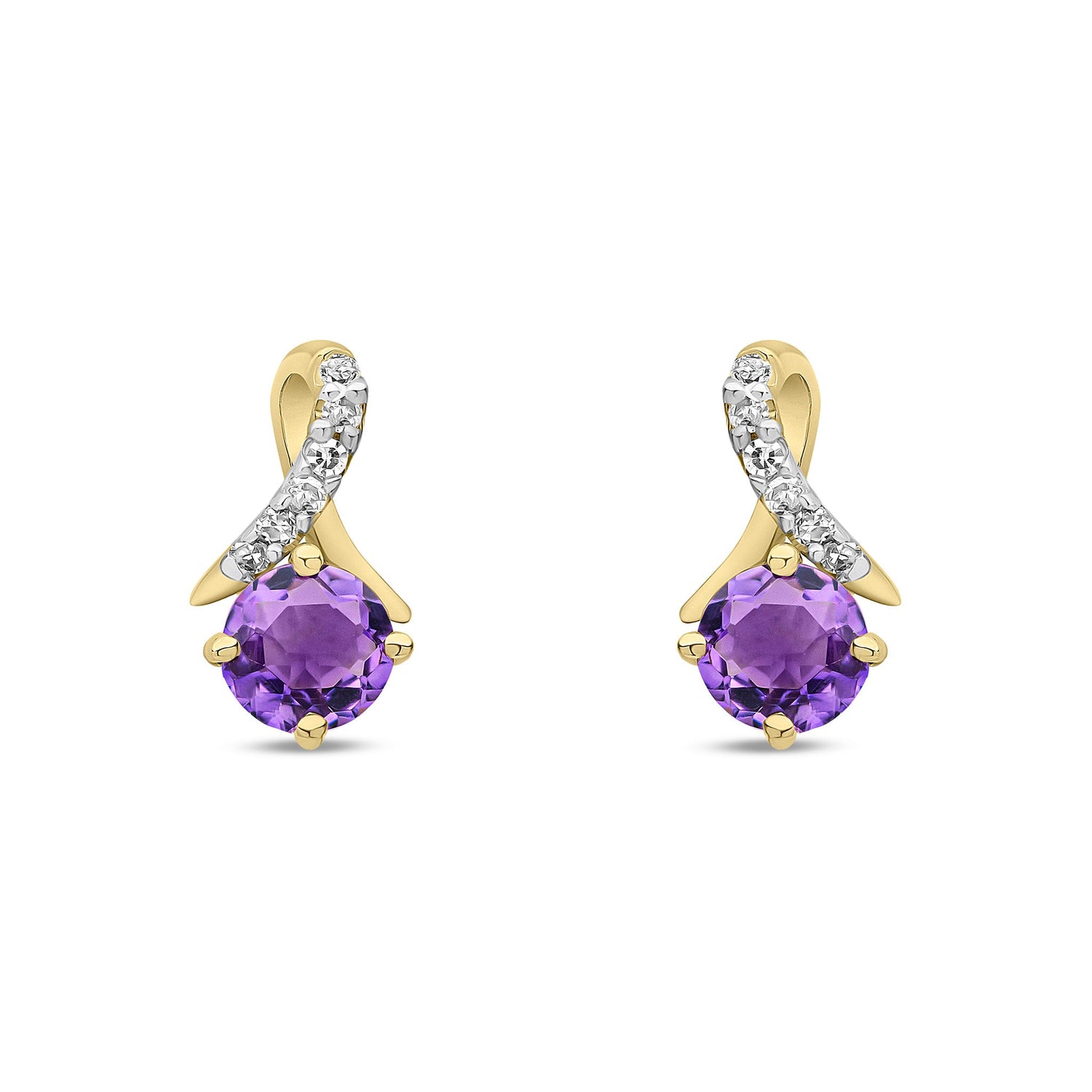 9ct Yellow Gold Natural Amethyst and Diamond Crossover Stud Earrings