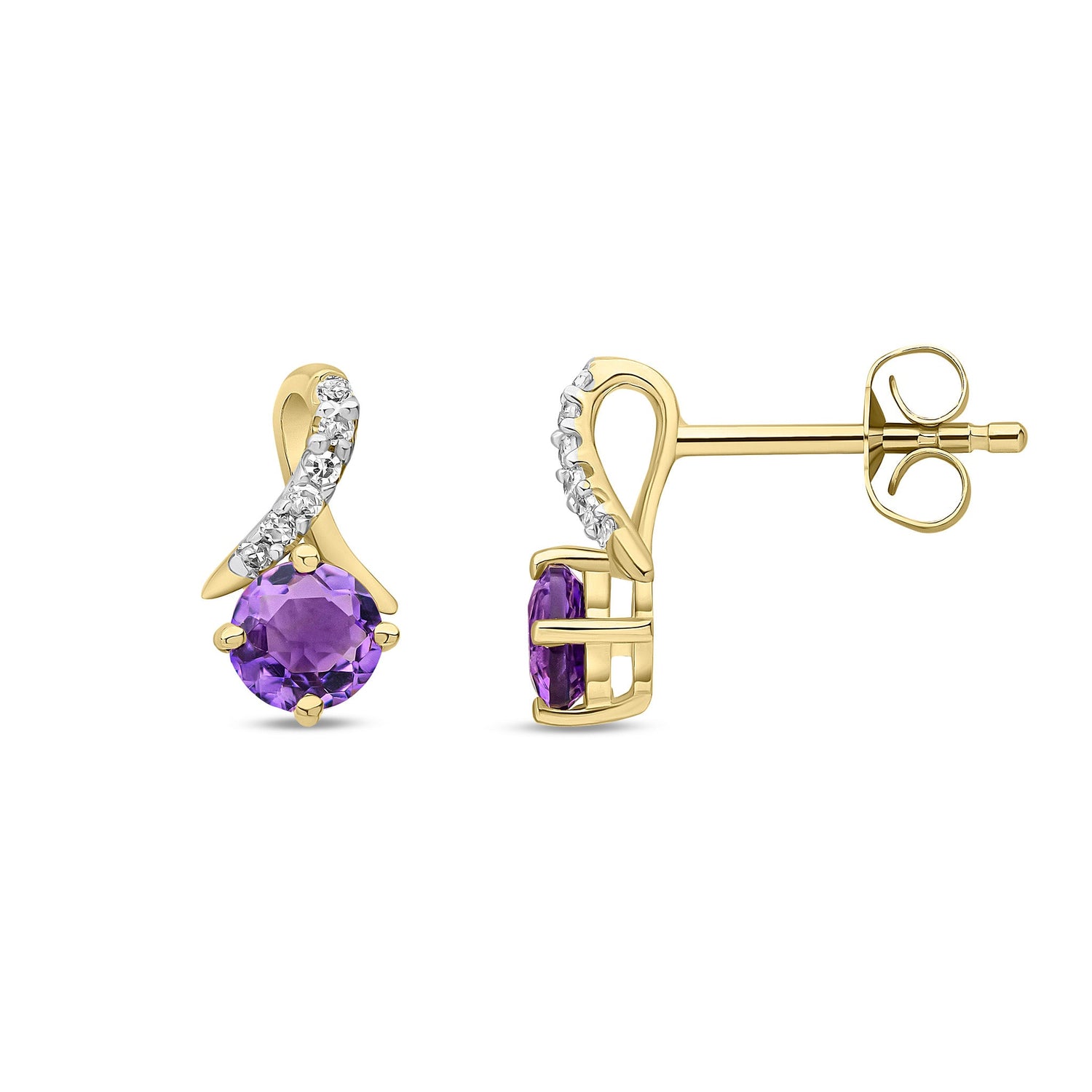 9ct Yellow Gold Natural Amethyst and Diamond Crossover Stud Earrings