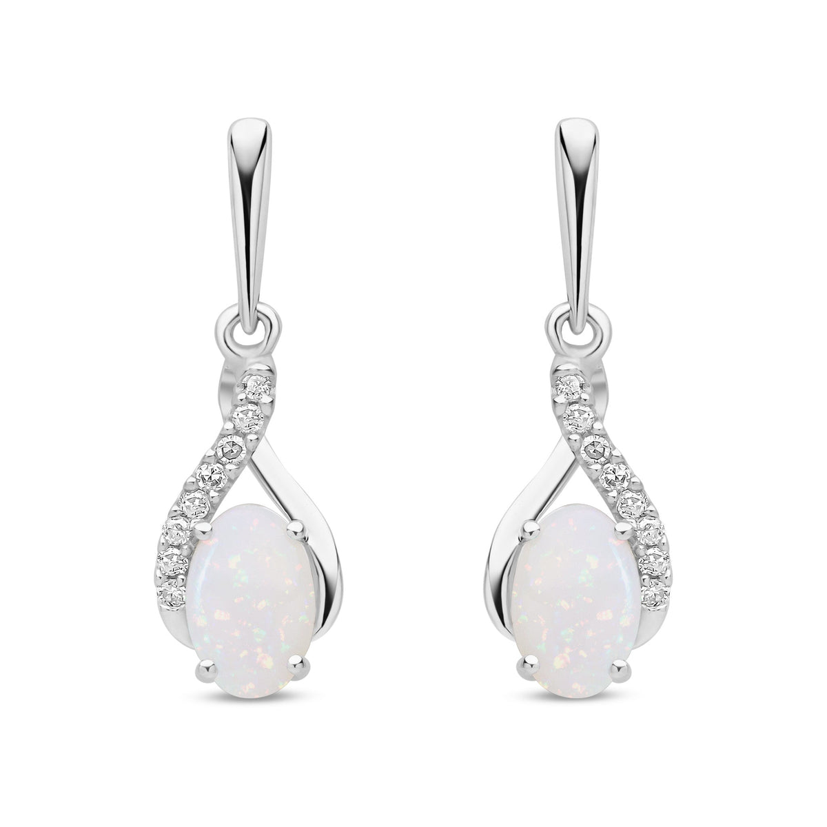 9ct White Gold Oval Natural Opal & Diamond Crossover Drop Earrings — 6x4mm