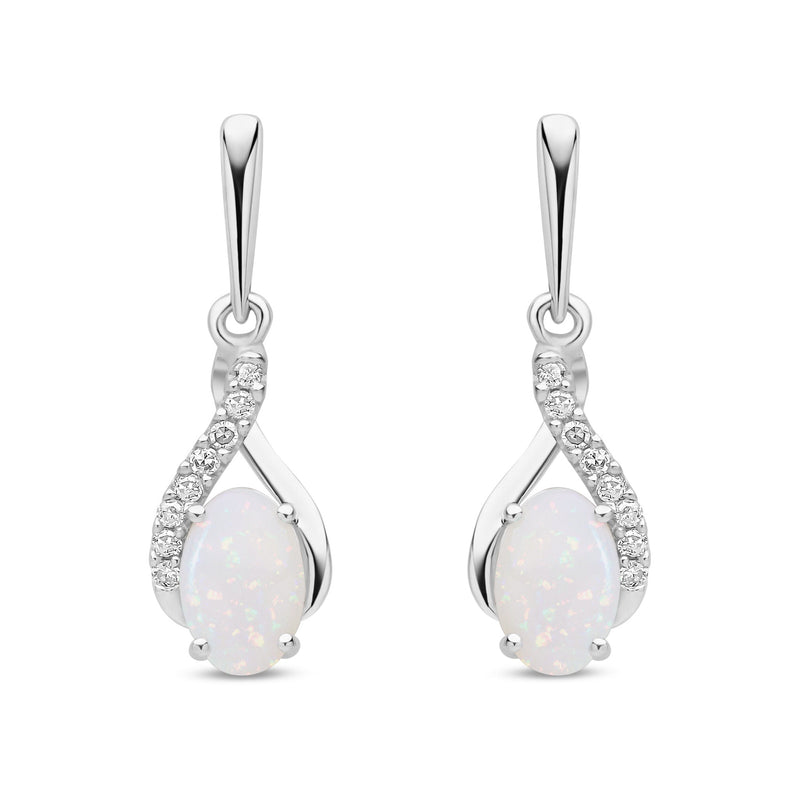9ct White Gold Oval Natural Opal & Diamond Crossover Drop Earrings — 6x4mm