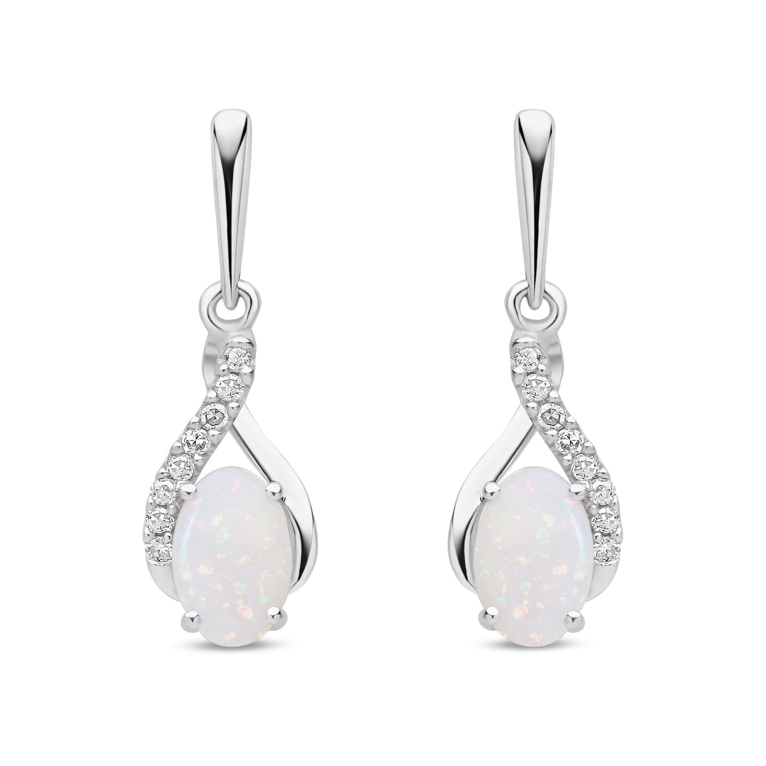 9ct White Gold Natural Opal and Diamond Crossover Drop Earrings
