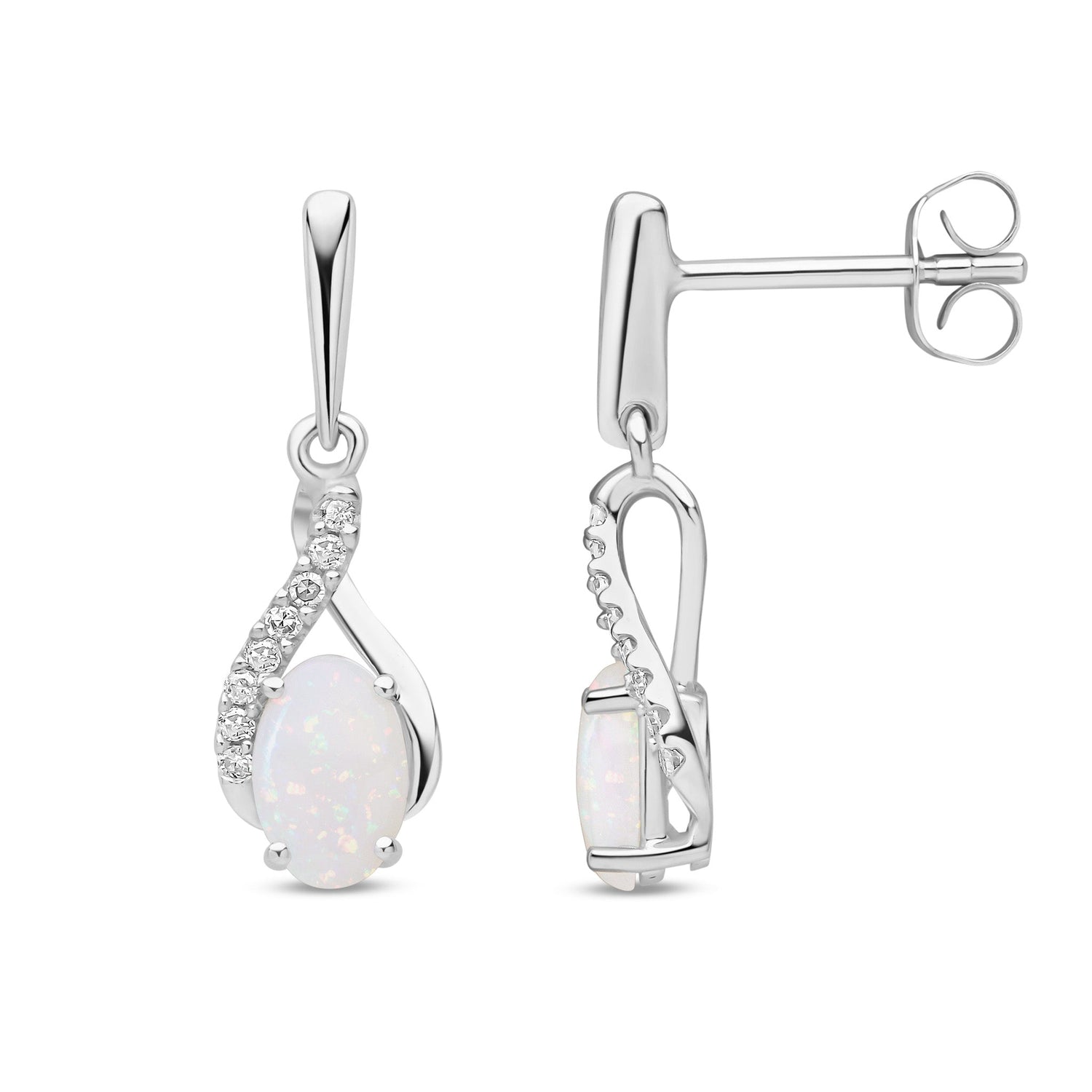9ct White Gold Natural Opal and Diamond Crossover Drop Earrings