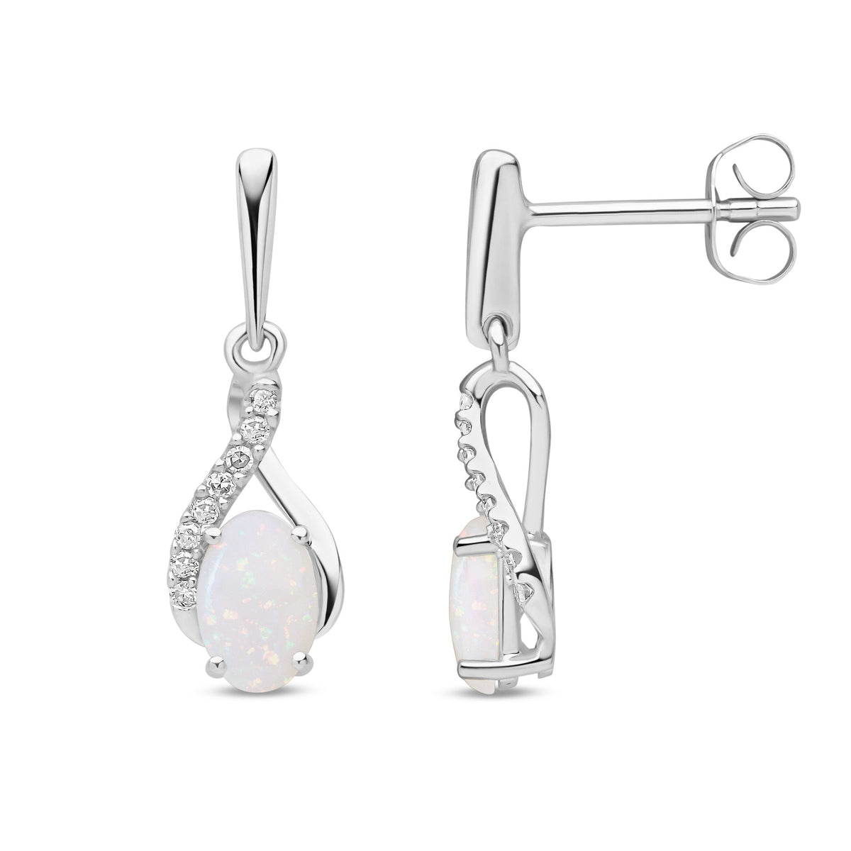 9ct White Gold Oval Natural Opal & Diamond Crossover Drop Earrings — 6x4mm