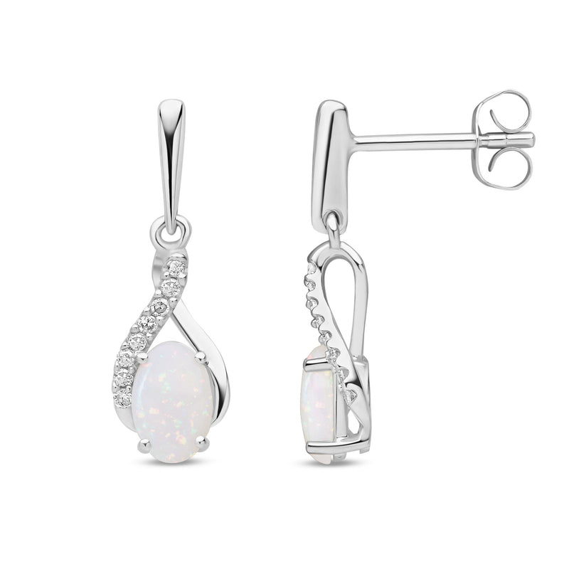 9ct White Gold Oval Natural Opal & Diamond Crossover Drop Earrings — 6x4mm