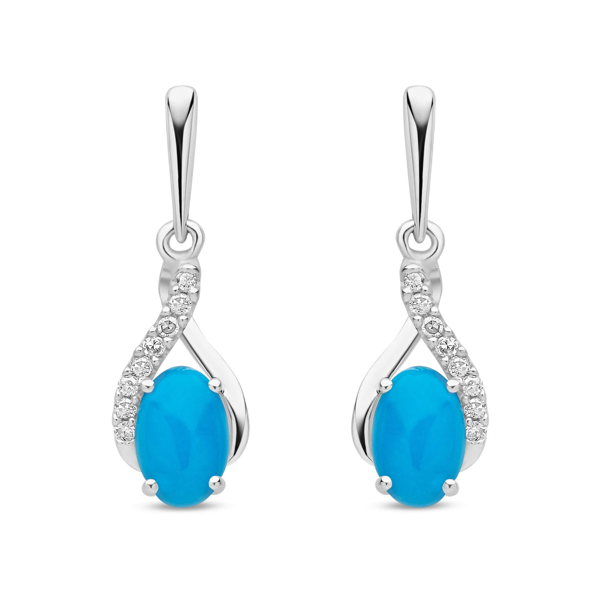 9ct White Gold Oval Natural Turquoise & Diamond Crossover Drop Earrings — 6x4mm