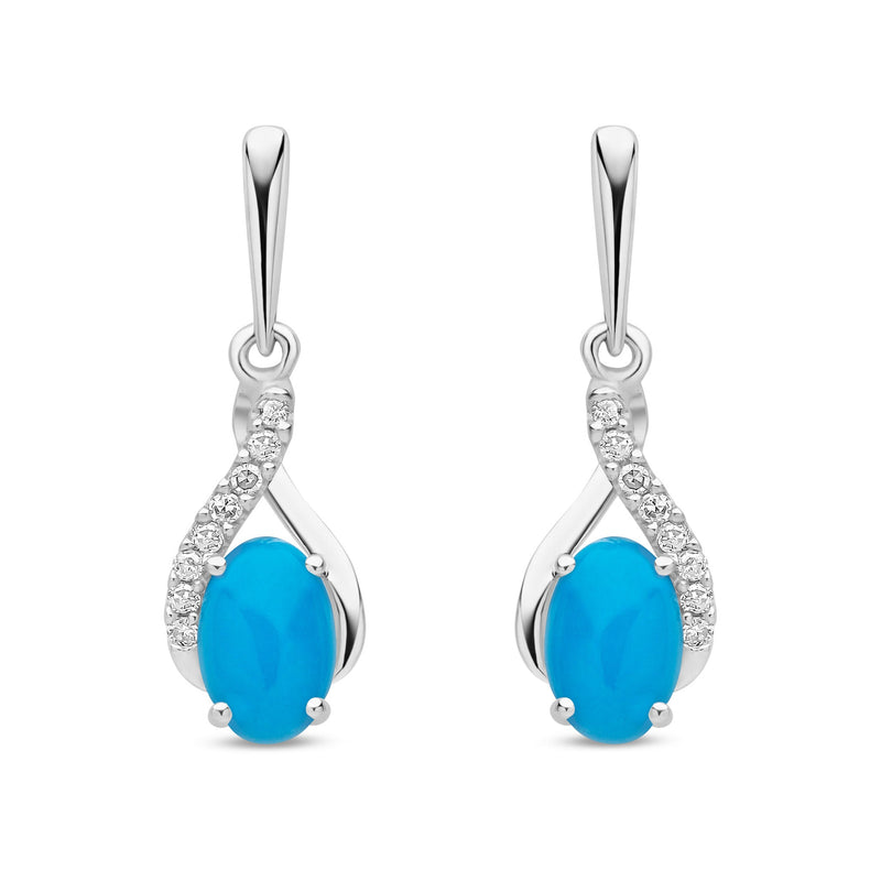 9ct White Gold Oval Natural Turquoise & Diamond Crossover Drop Earrings — 6x4mm