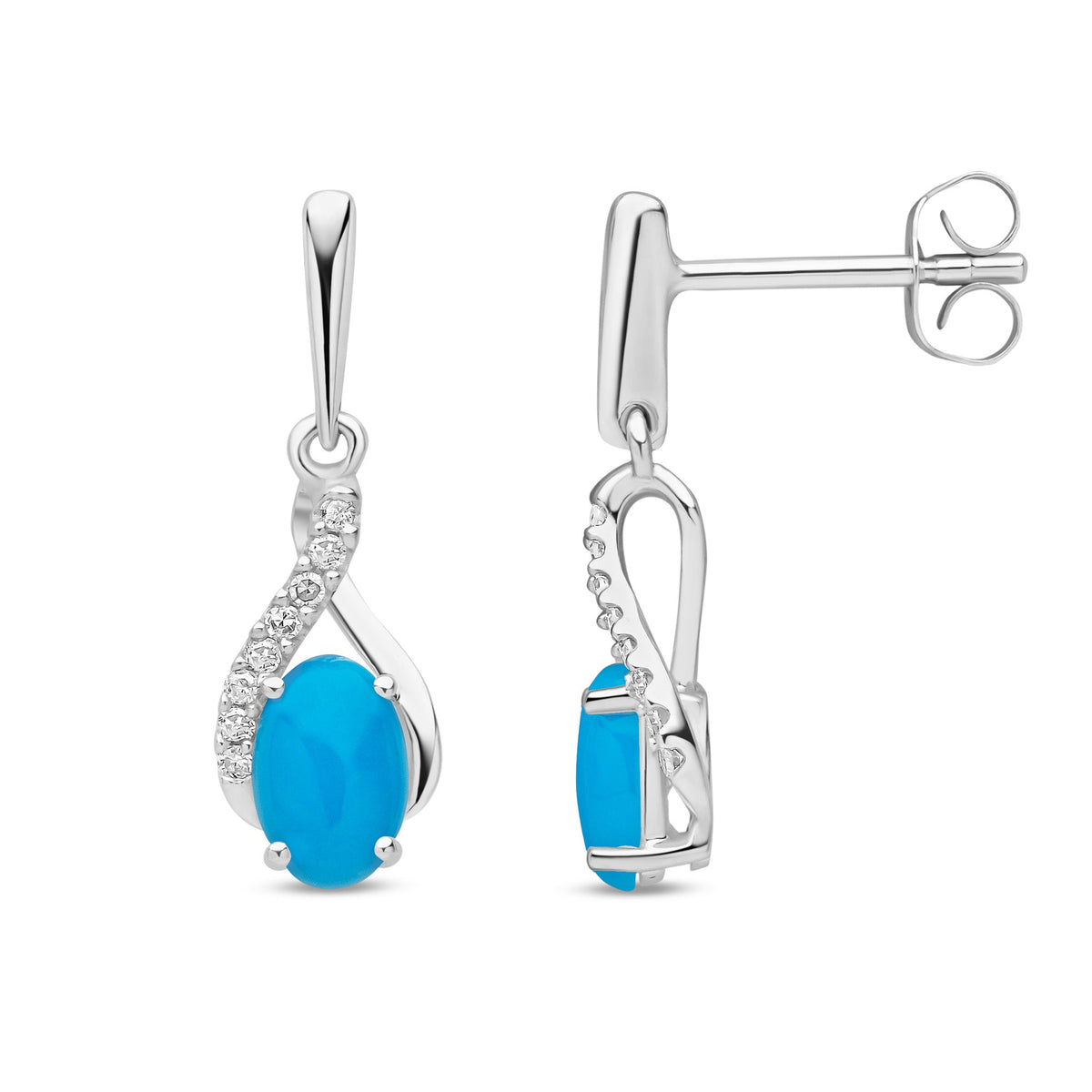 9ct White Gold Natural Turquoise and Diamond Crossover Drop Earrings