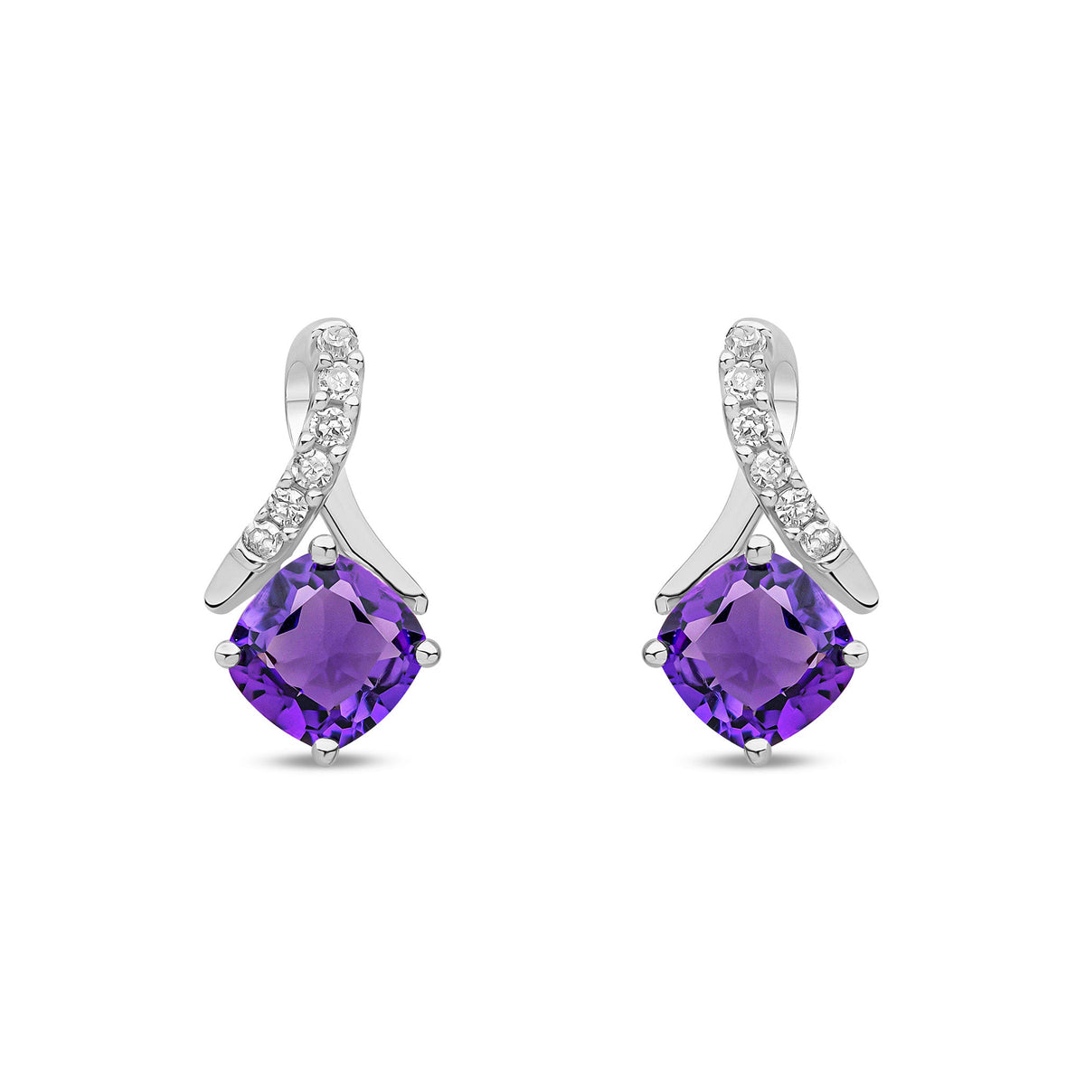 9ct White Gold Natural Amethyst and Diamond Crossover Stud Earrings