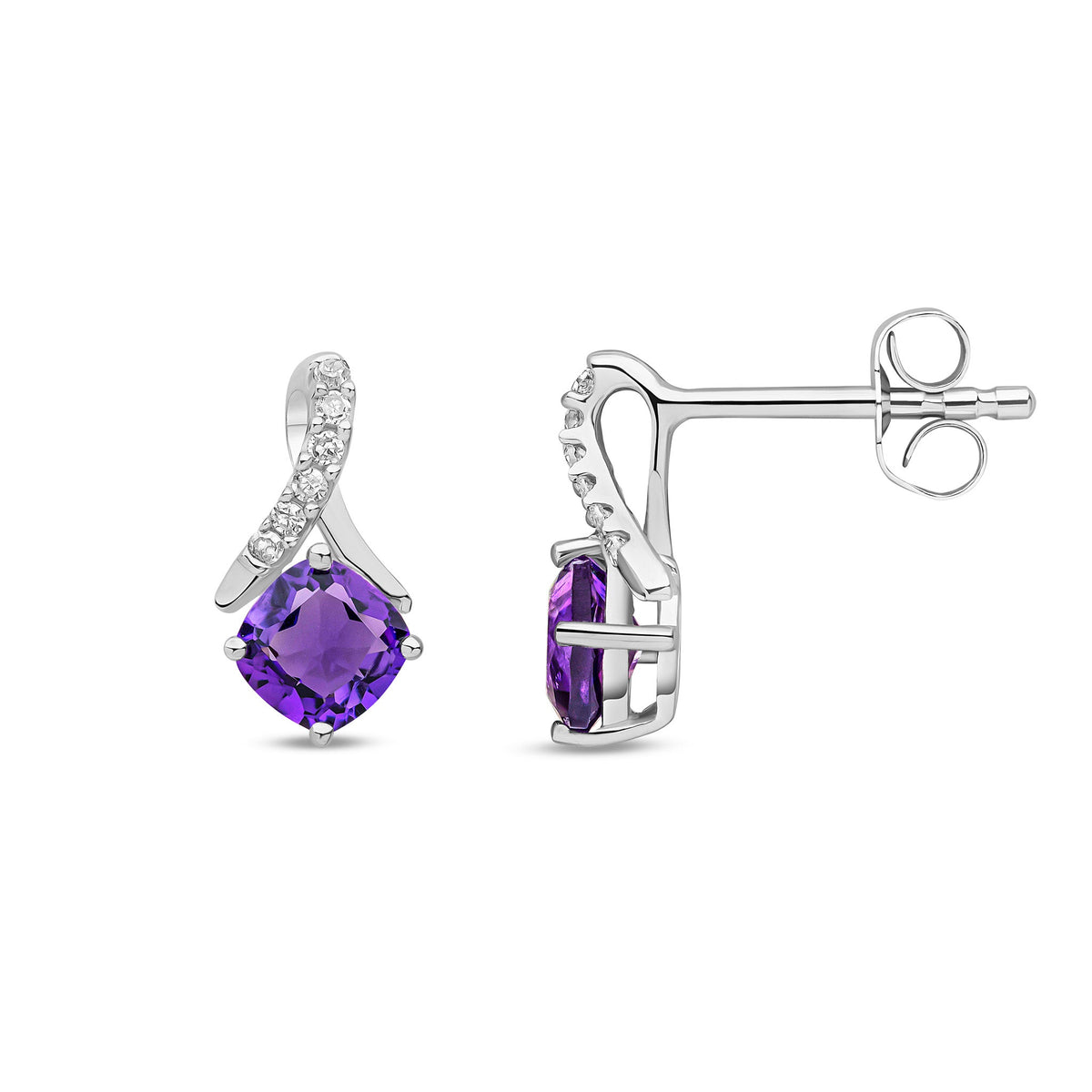 9ct White Gold Natural Amethyst and Diamond Crossover Stud Earrings