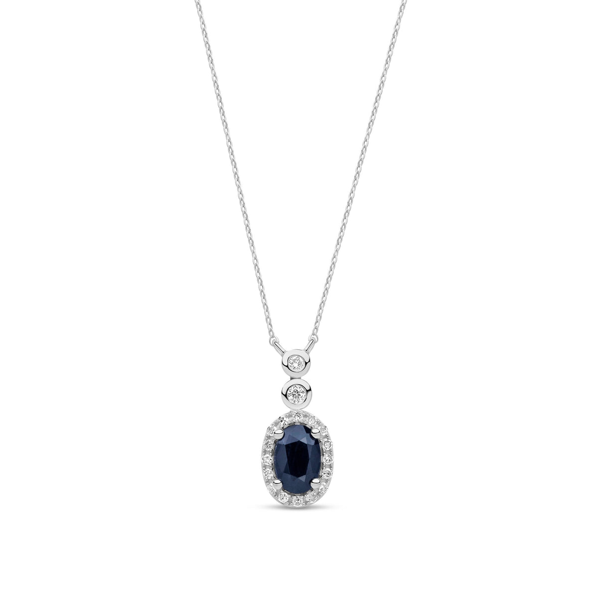9ct White Gold Natural Oval Sapphire & Diamond Drop Cluster Pendant Necklace