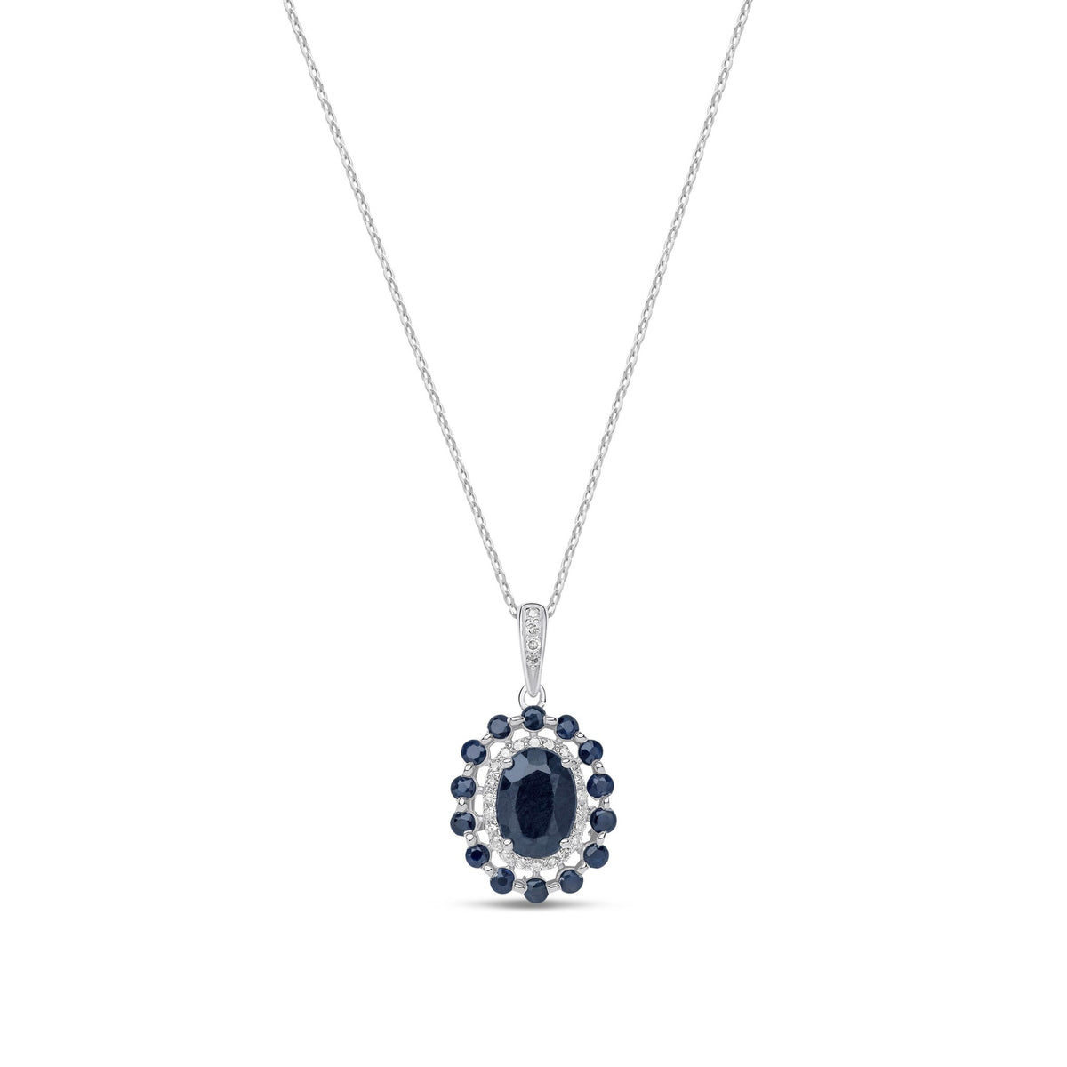 9ct White Gold Natural Oval Sapphire & Diamond Scalloped Halo Cluster Pendant Necklace