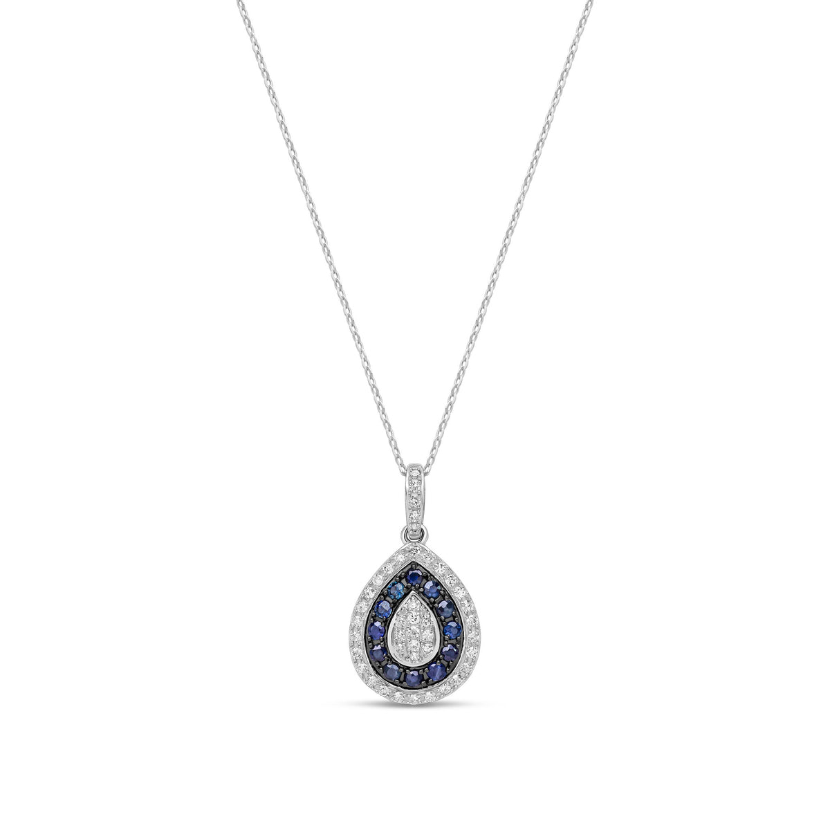 9ct White Gold Natural Sapphire & Diamond Pear Shaped Cluster Pendant Necklace