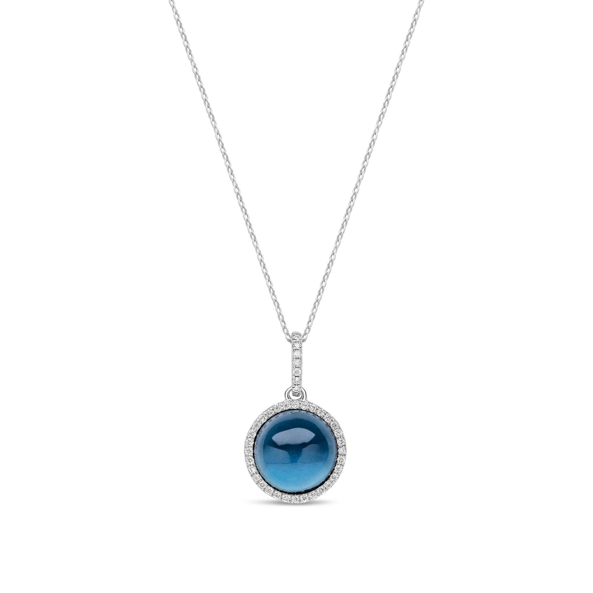 9ct White Gold Natural Round Cabochon London Blue Topaz & Diamond Pendant Necklace