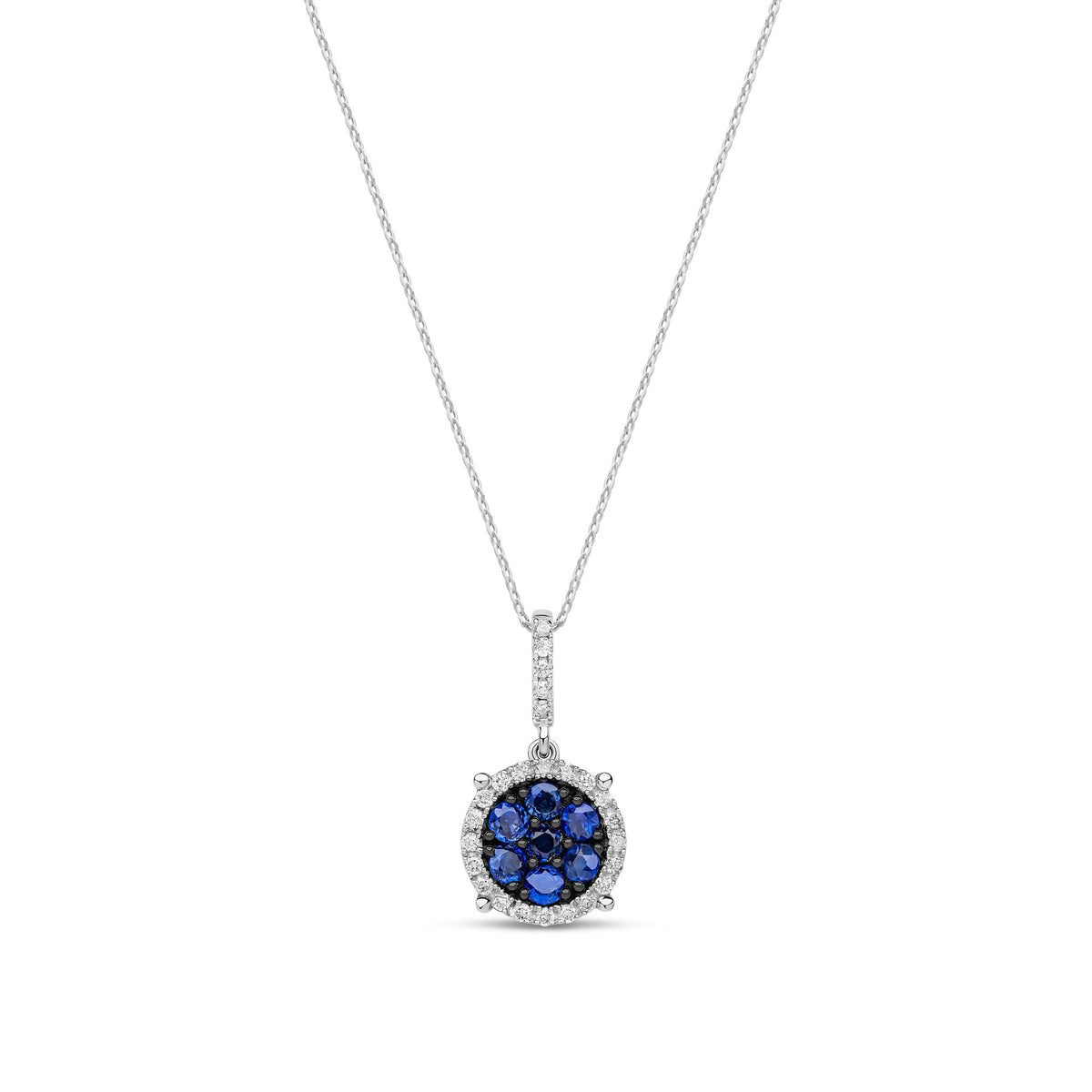 9ct White Gold Natural Sapphire & Diamond Floral Halo Cluster Pendant Necklace