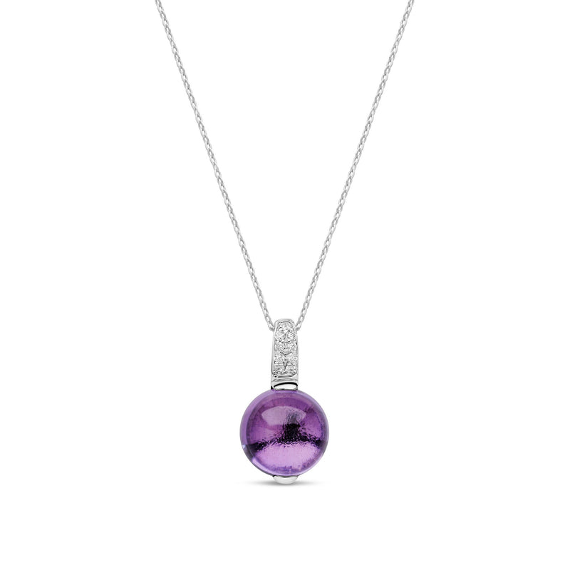 9ct White Gold Natural Amethyst Cabochon & Diamond Accent Pendant — 8mm