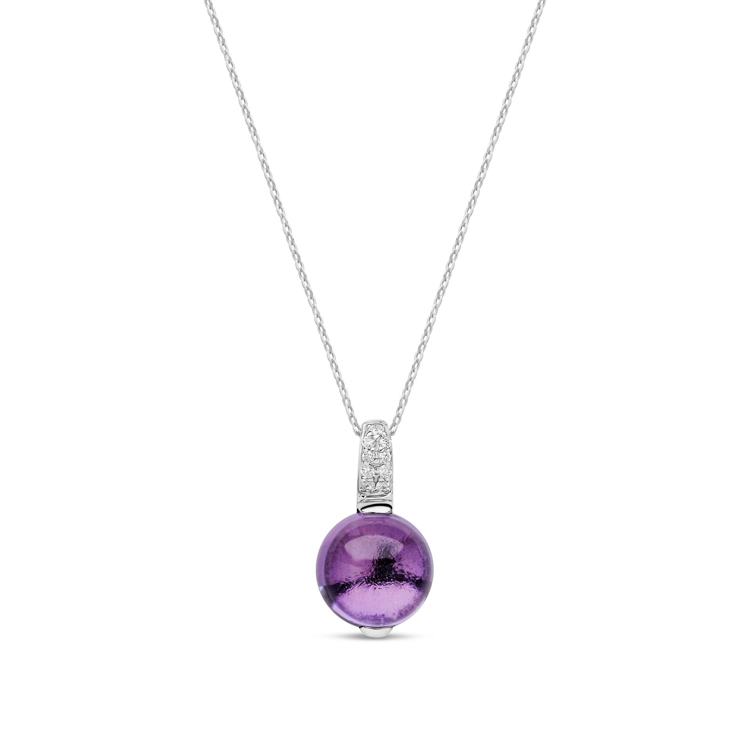9ct White Gold Natural Amethyst Cabochon & Diamond Accent Pendant Necklace