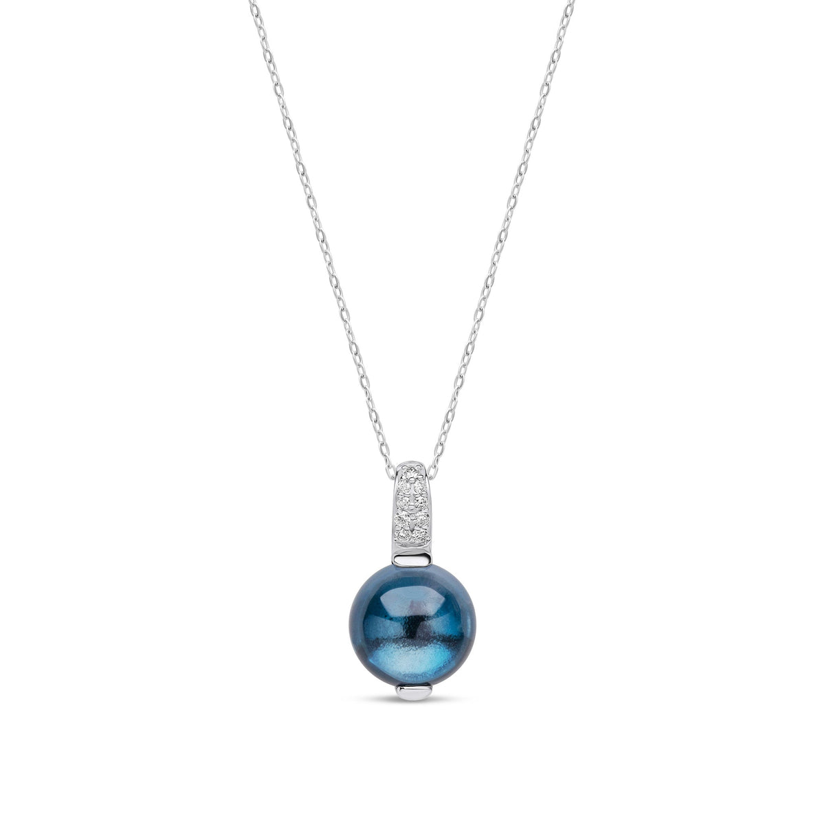 9ct White Gold Natural London Blue Topaz Cabochon & Diamond Accent Pendant Necklace