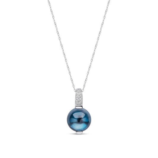 9ct White Gold Natural London Blue Topaz Cabochon & Diamond Accent Pendant