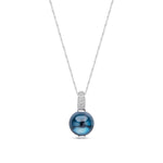 9ct White Gold Natural London Blue Topaz Cabochon & Diamond Accent Pendant — 8mm