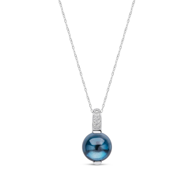 9ct White Gold Natural London Blue Topaz Cabochon & Diamond Accent Pendant — 8mm