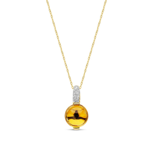 9ct Yellow Gold Natural Citrine Cabochon & Diamond Accent Pendant