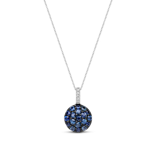 9ct White Gold Natural Sapphire & Diamond Circular Cluster Pendant