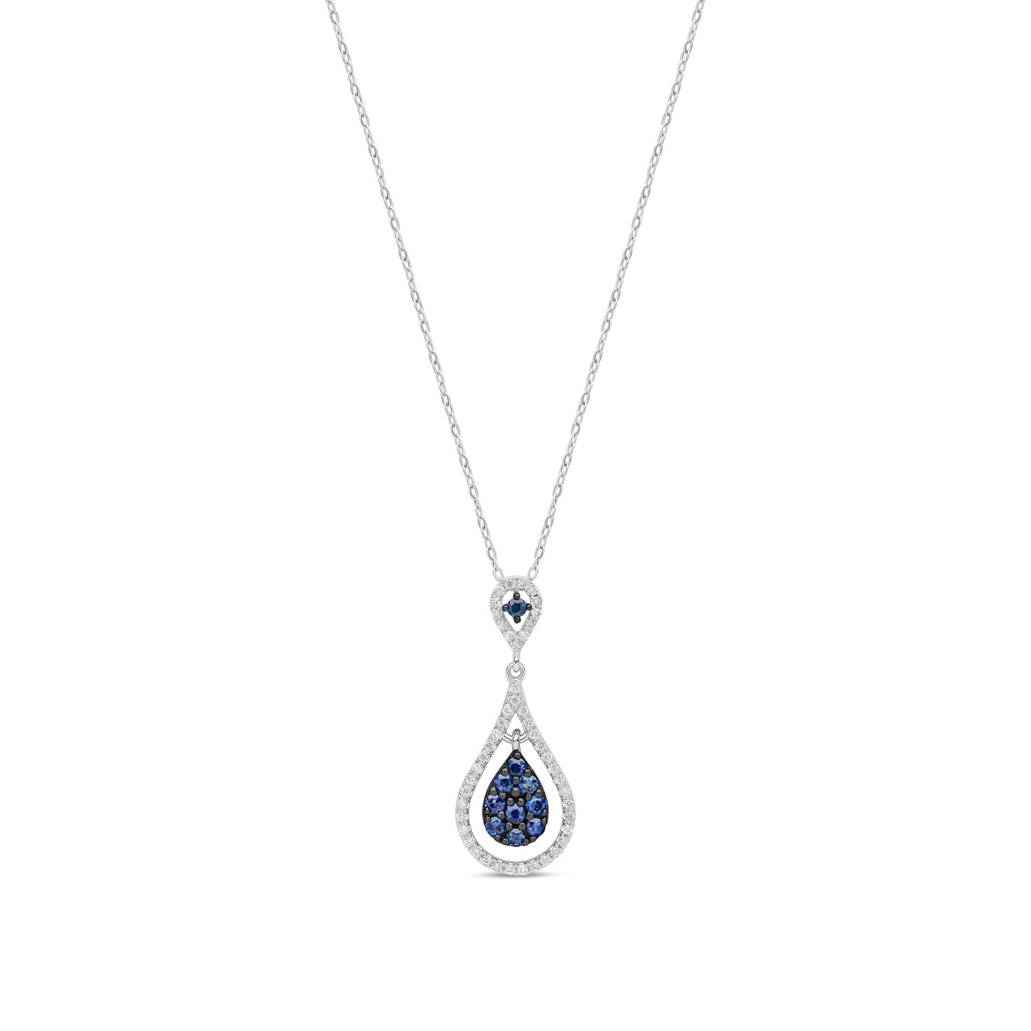 18ct White Gold Natural Sapphire & Diamond Pear Shaped Cluster Pendant Necklace