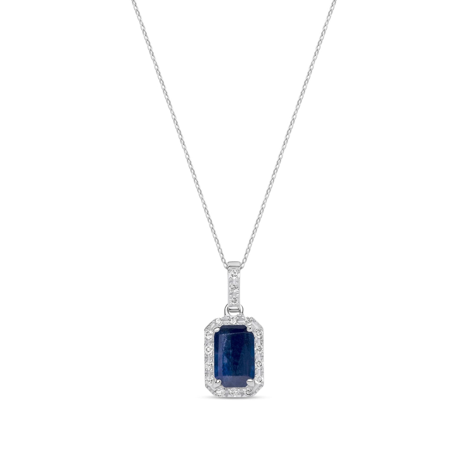 18ct White Gold Natural Octagonal Sapphire & Diamond Cluster Pendant Necklace